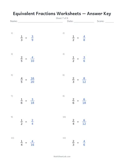 Equivalent fractions worksheets — Sheet 7 answers