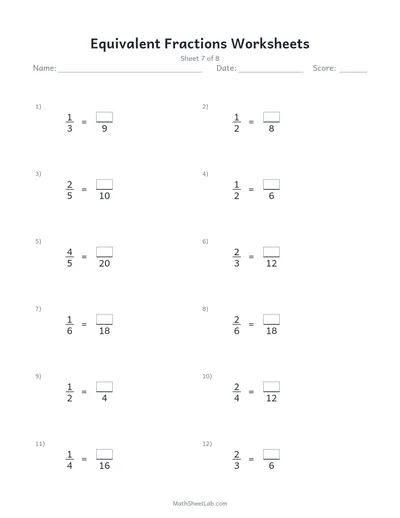 Equivalent fractions worksheets — Sheet 7
