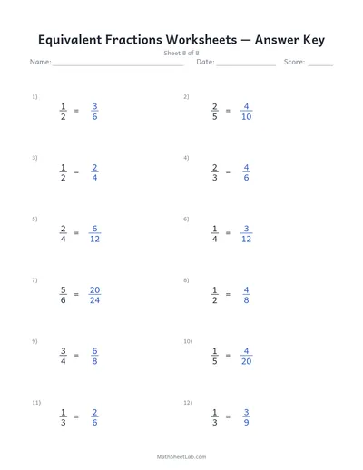 Equivalent fractions worksheets — Sheet 8 answers