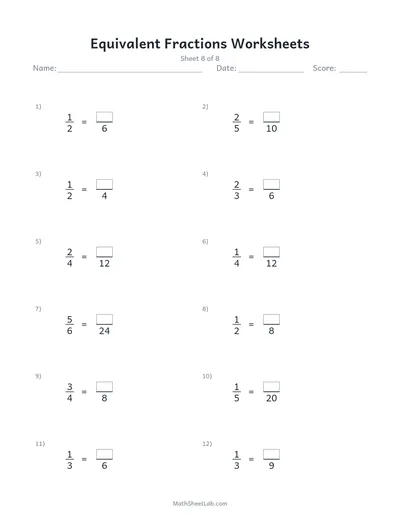 Equivalent fractions worksheets — Sheet 8