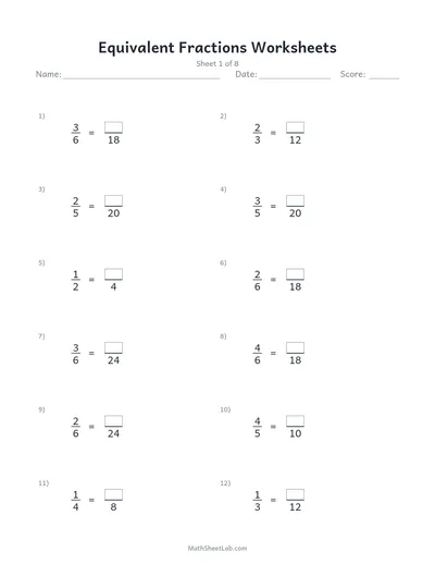 Equivalent fractions worksheets — Sheet 1