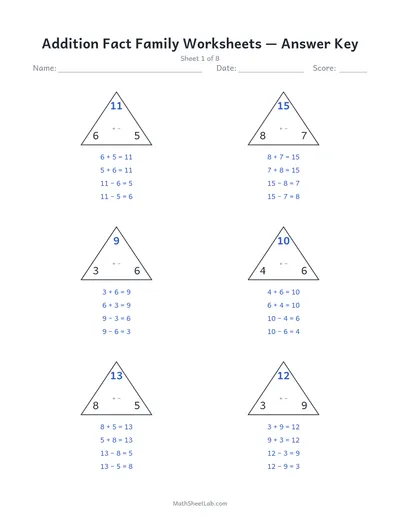 Addition fact family worksheets — Sheet 1 answers