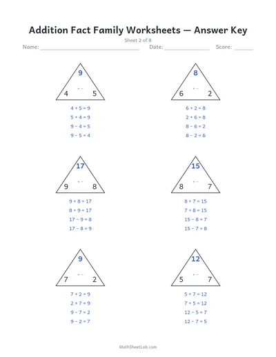 Addition fact family worksheets — Sheet 2 answers
