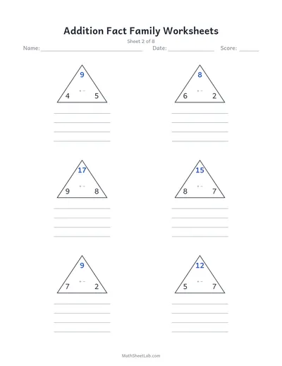Addition fact family worksheets — Sheet 2