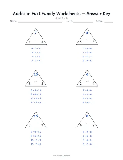 Addition fact family worksheets — Sheet 3 answers
