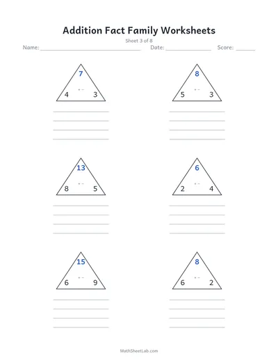 Addition fact family worksheets — Sheet 3