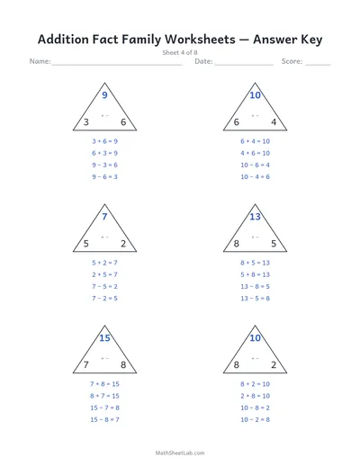 Addition fact family worksheets — Sheet 4 answers