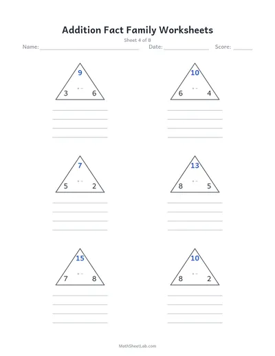 Addition fact family worksheets — Sheet 4