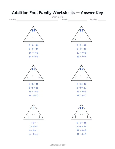 Addition fact family worksheets — Sheet 5 answers