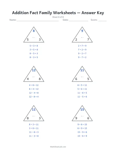 Addition fact family worksheets — Sheet 6 answers