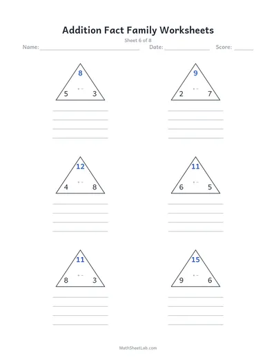 Addition fact family worksheets — Sheet 6