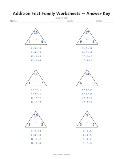 Addition fact family worksheets — Sheet 7 answers