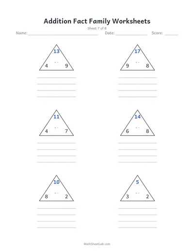Addition fact family worksheets — Sheet 7