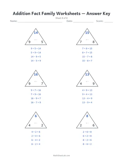 Addition fact family worksheets — Sheet 8 answers