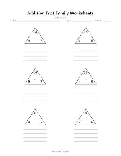 Addition fact family worksheets — Sheet 8