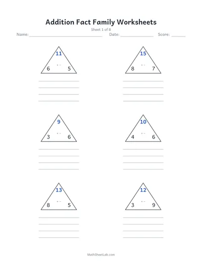 Addition fact family worksheets — Sheet 1