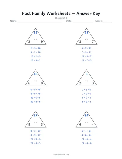 Fact family worksheets (multiplication & division) — Sheet 3 answers