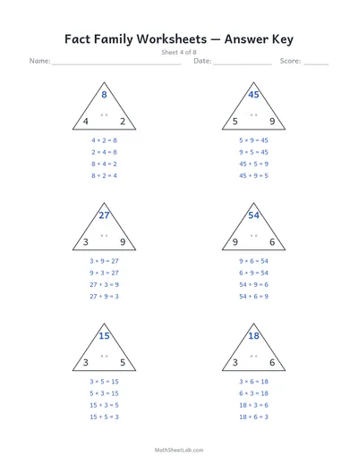 Fact family worksheets (multiplication & division) — Sheet 4 answers