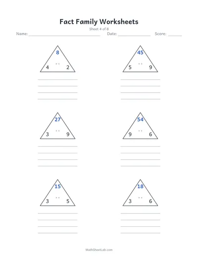 Fact family worksheets (multiplication & division) — Sheet 4