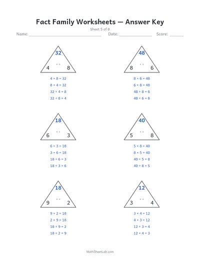 Fact family worksheets (multiplication & division) — Sheet 5 answers
