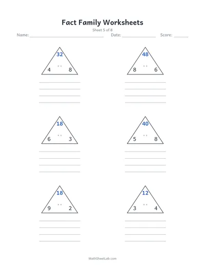 Fact family worksheets (multiplication & division) — Sheet 5