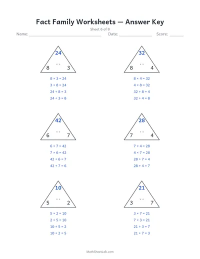 Fact family worksheets (multiplication & division) — Sheet 6 answers