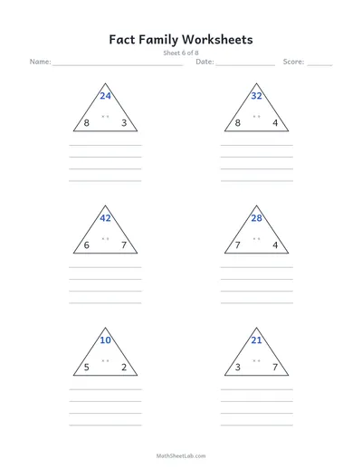 Fact family worksheets (multiplication & division) — Sheet 6