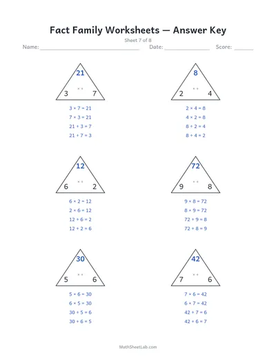 Fact family worksheets (multiplication & division) — Sheet 7 answers