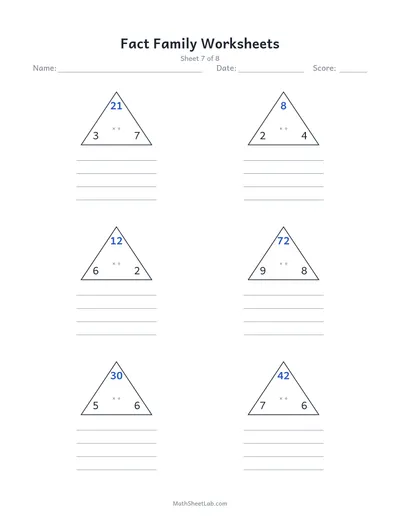 Fact family worksheets (multiplication & division) — Sheet 7