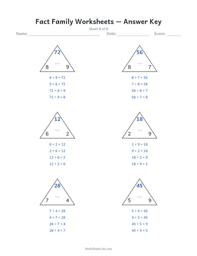 Fact family worksheets (multiplication & division) — Sheet 8 answers