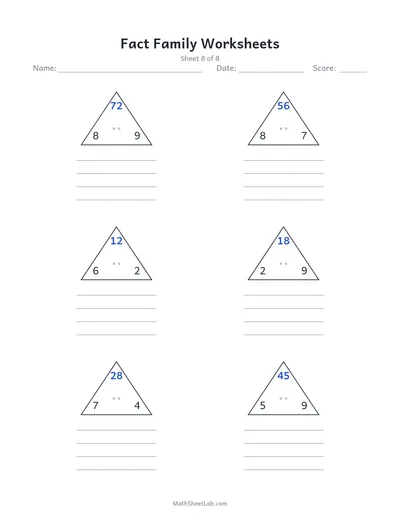 Fact family worksheets (multiplication & division) — Sheet 8