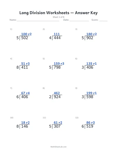 Long division worksheets — Sheet 1 answers