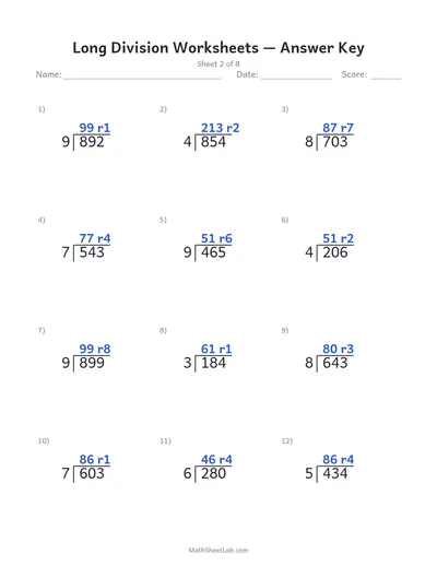 Long division worksheets — Sheet 2 answers