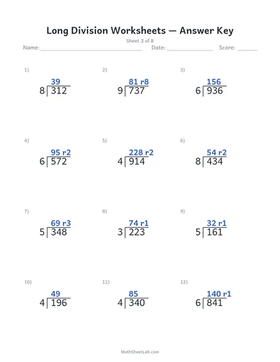 Long division worksheets — Sheet 3 answers