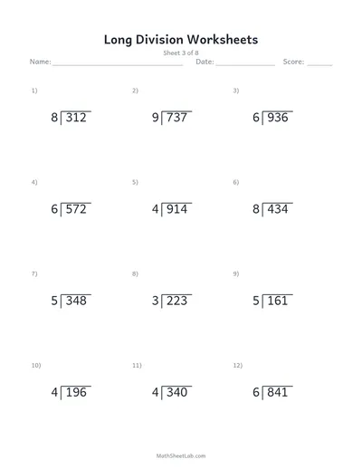 Long division worksheets — Sheet 3