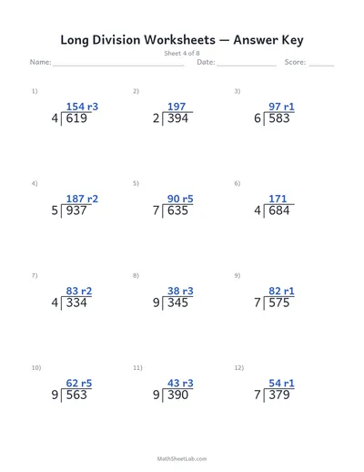 Long division worksheets — Sheet 4 answers