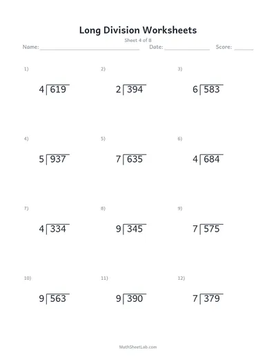 Long division worksheets — Sheet 4