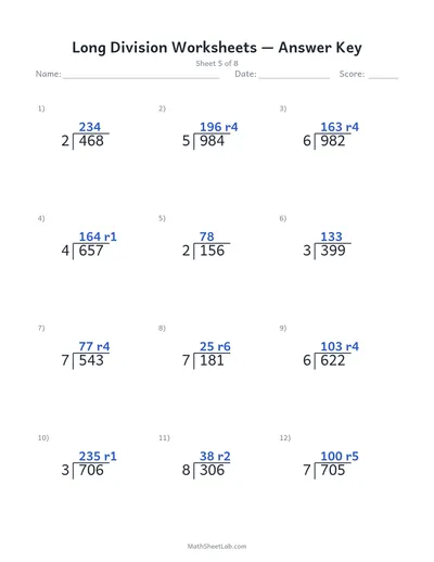 Long division worksheets — Sheet 5 answers