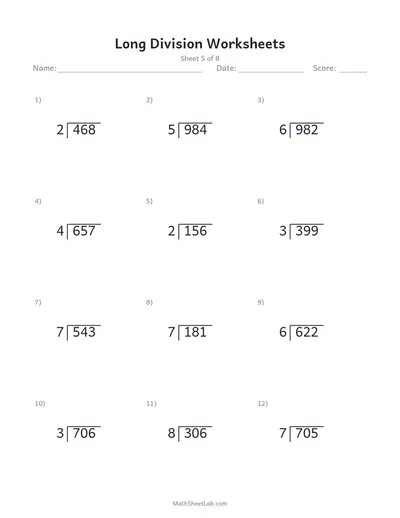 Long division worksheets — Sheet 5
