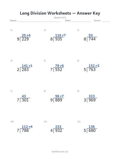 Long division worksheets — Sheet 6 answers