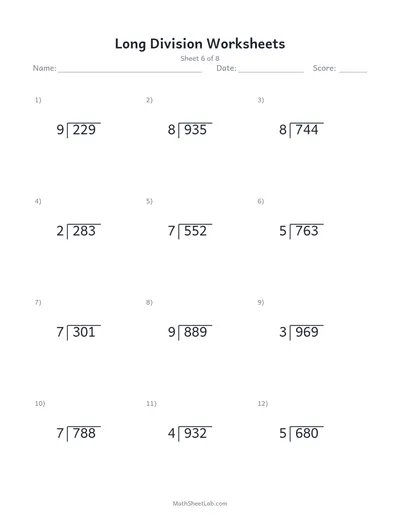 Long division worksheets — Sheet 6