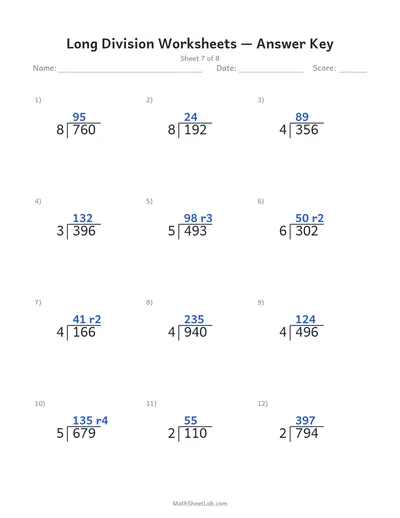 Long division worksheets — Sheet 7 answers