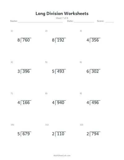 Long division worksheets — Sheet 7
