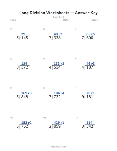 Long division worksheets — Sheet 8 answers