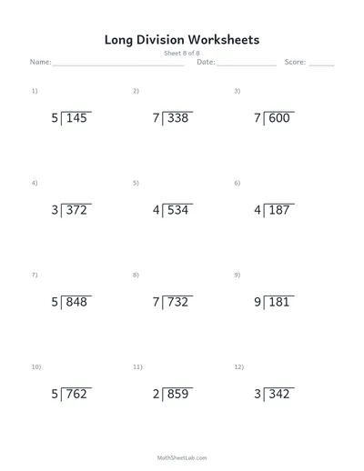 Long division worksheets — Sheet 8
