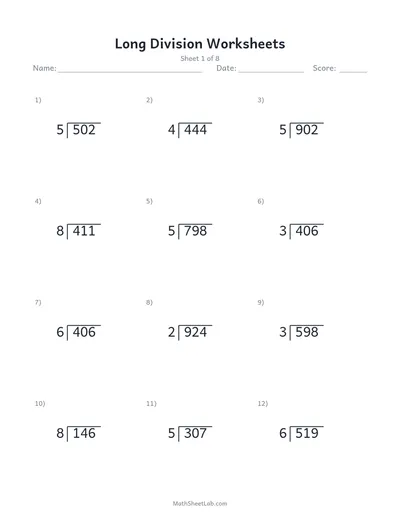 Long division worksheets — Sheet 1