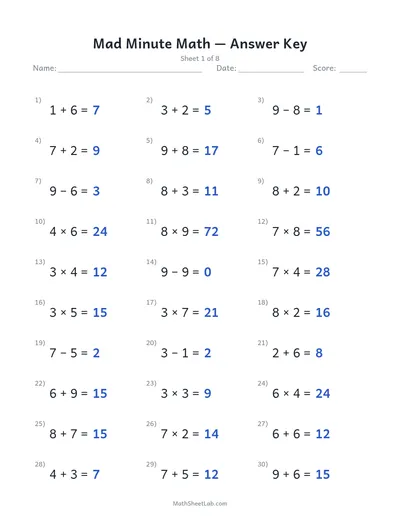 Mad minute math — Sheet 1 answers