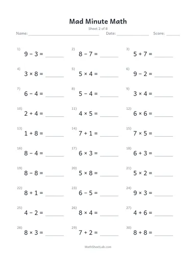 Mad minute math — Sheet 2