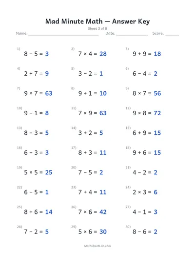 Mad minute math — Sheet 3 answers