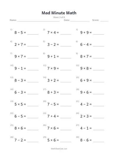 Mad minute math — Sheet 3